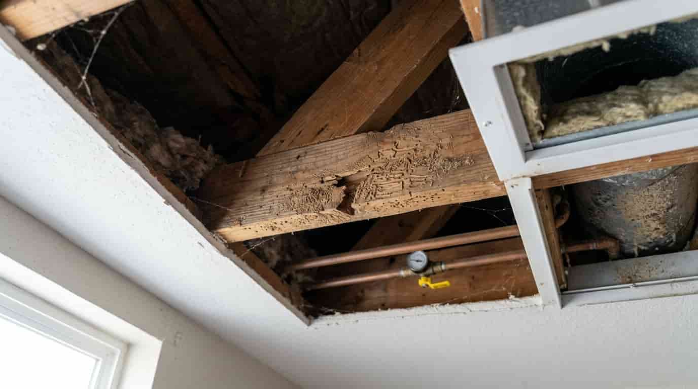 Wooden ceiling framing showing possible hidden termite activity behind faint sounds