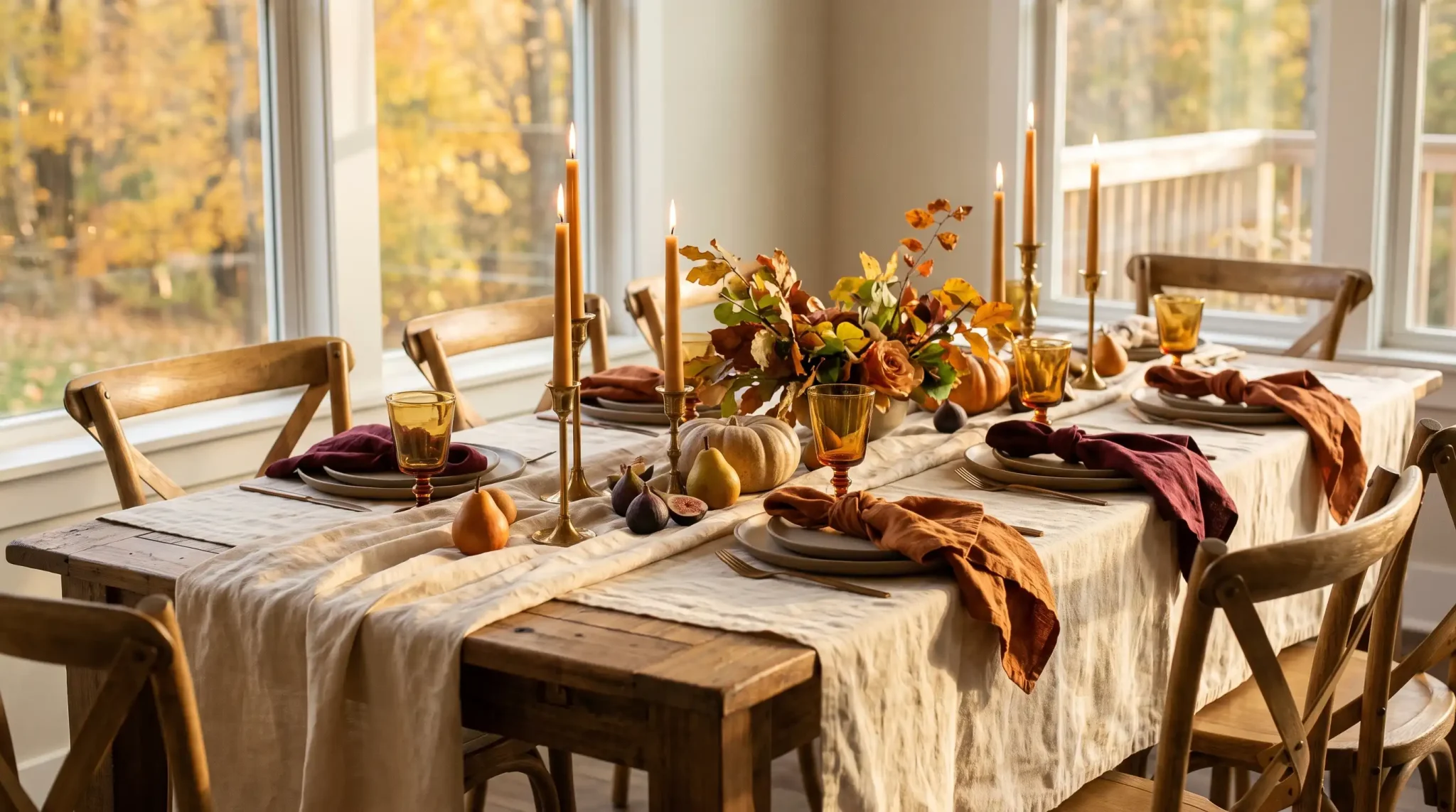 Elegant fall tablescape with cream linens, rust napkins, amber glassware, candles, and seasonal foliage.
