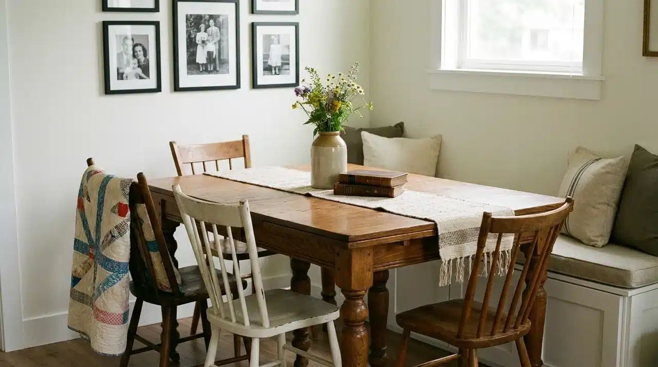 Eye-level dining area view showing the heirloom furniture naturally integrated into the room