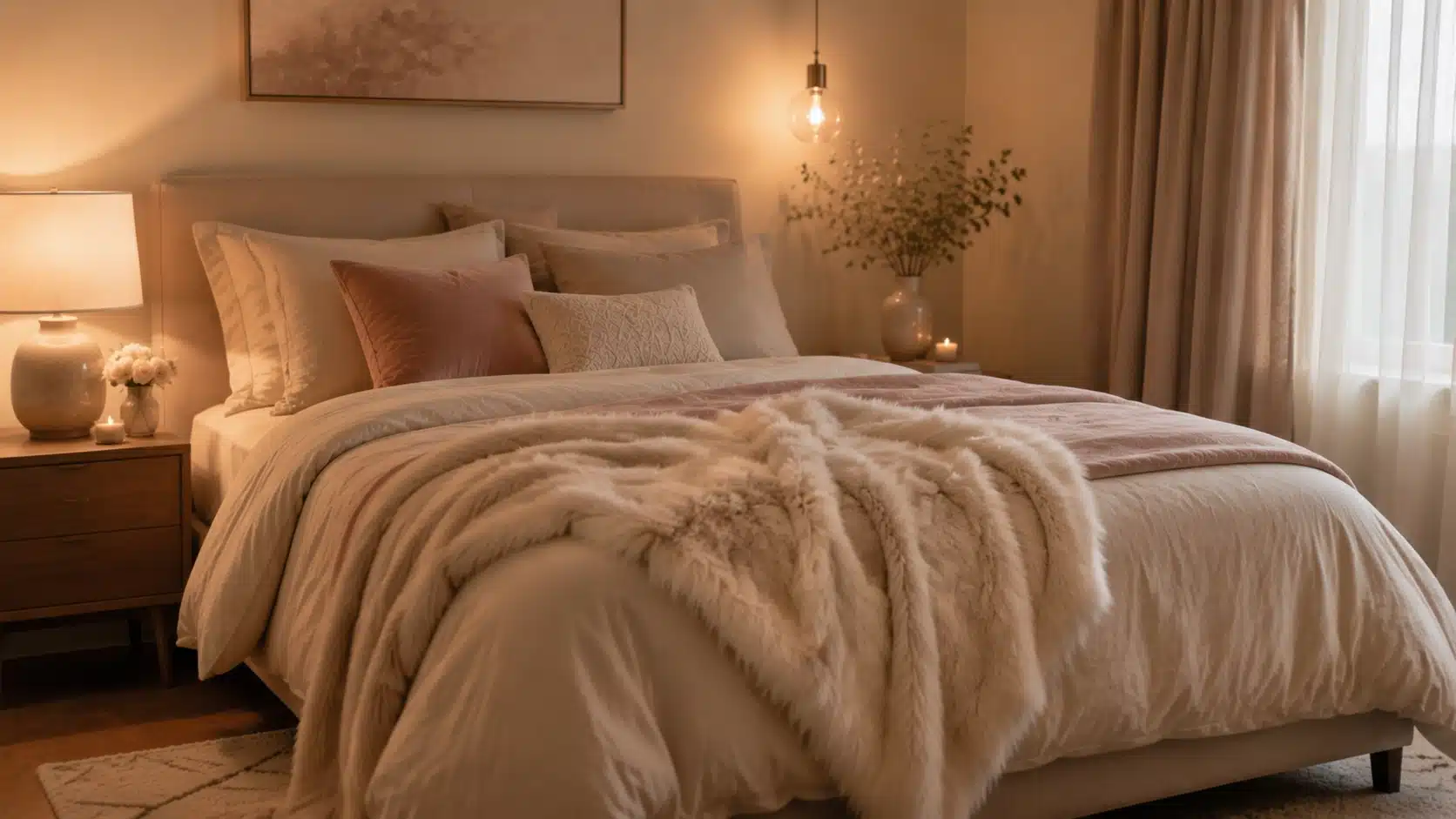 Minimal bedroom with a plush faux fur throw layered on the bed, adding softness, warmth, and cozy texture.