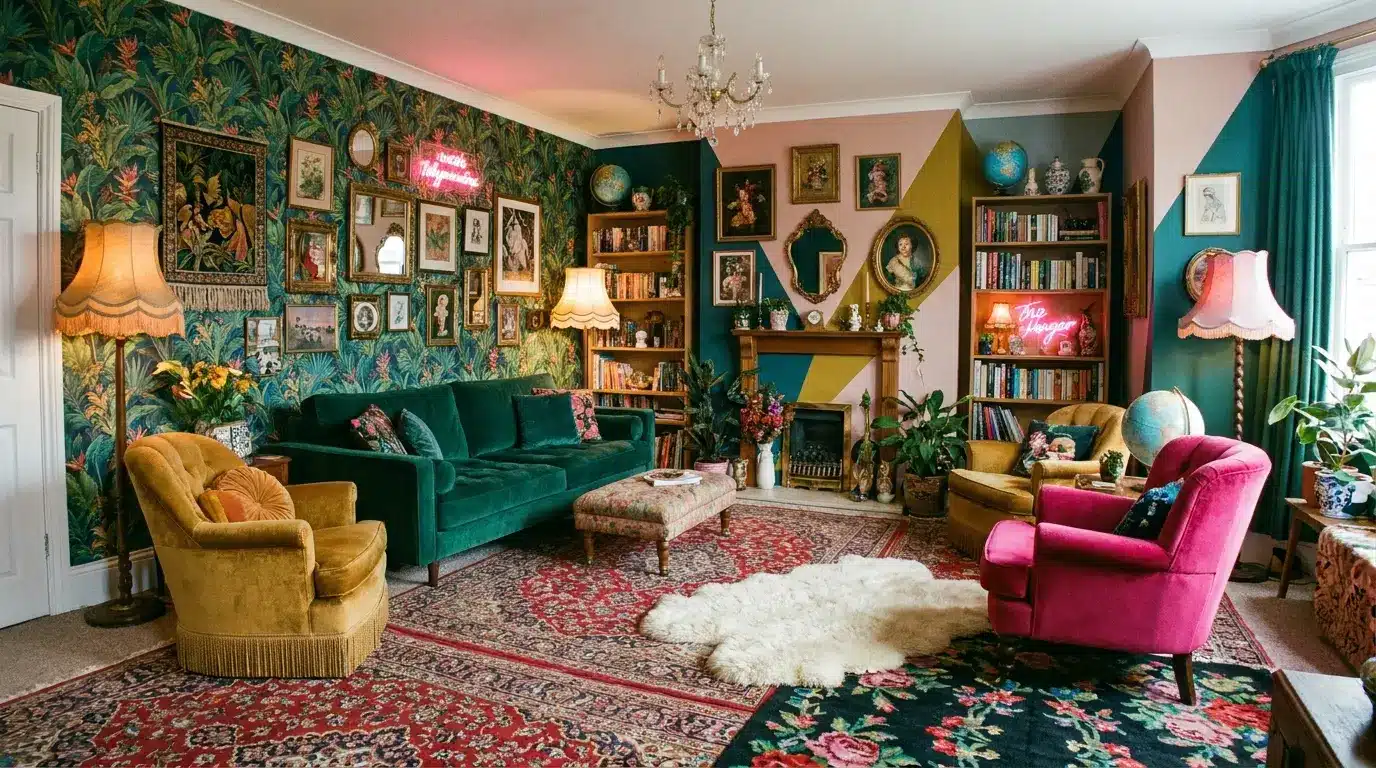 maximalist living room with bold wallpaper velvet seating layered rugs gallery walls bookshelves and colorful vintage decor