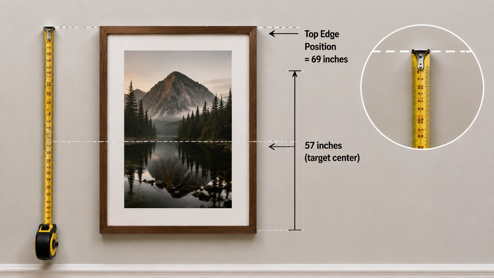 Picture frame hanging calculation showing target center height and adding half the frame height to find the top edge position.
