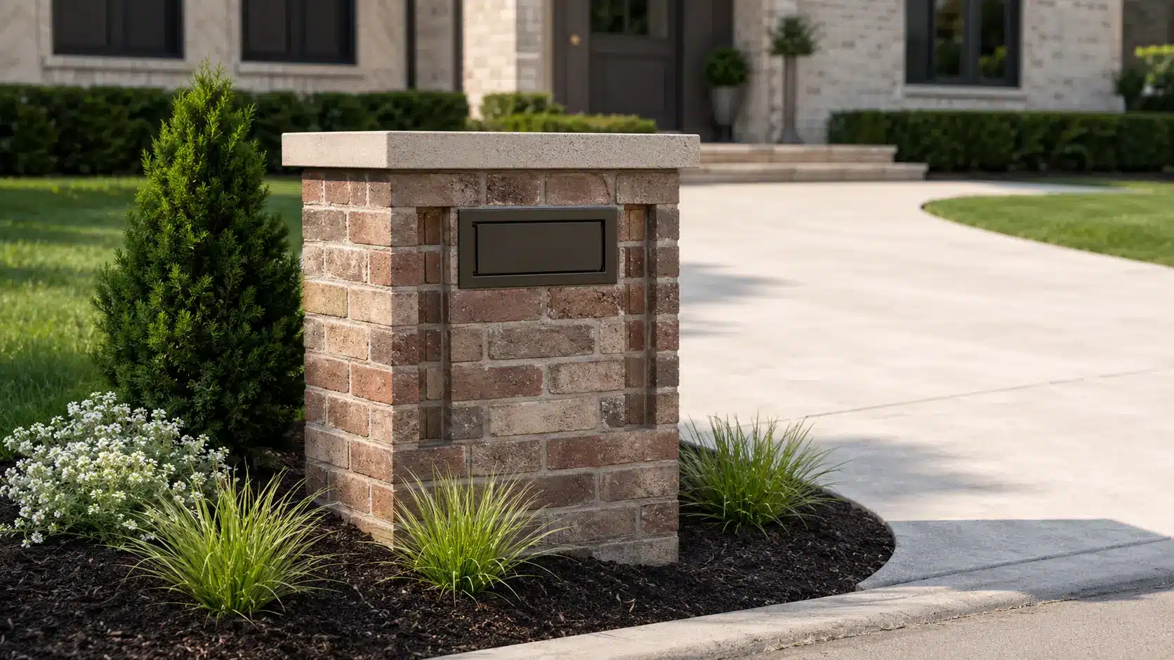 Compact brick mailbox with a flat limestone cap, dark metal insert, and simple landscaping beside a curved driveway