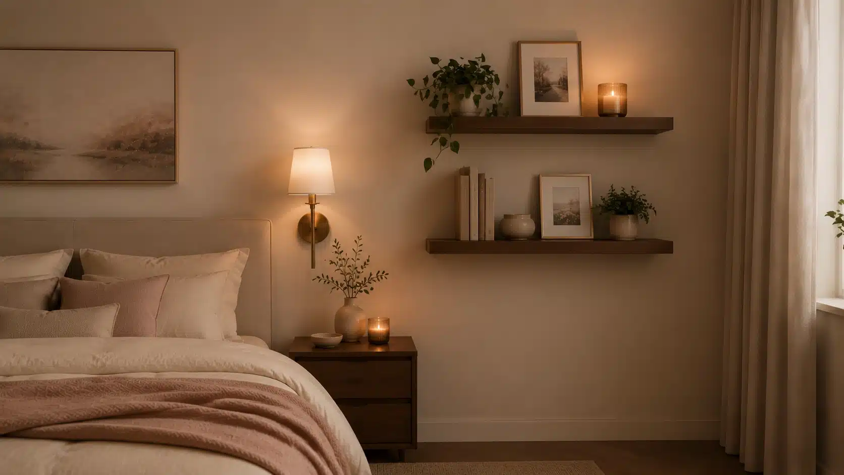 Bedroom wall with floating wooden shelves styled with plants, candles, books, and personal decor pieces