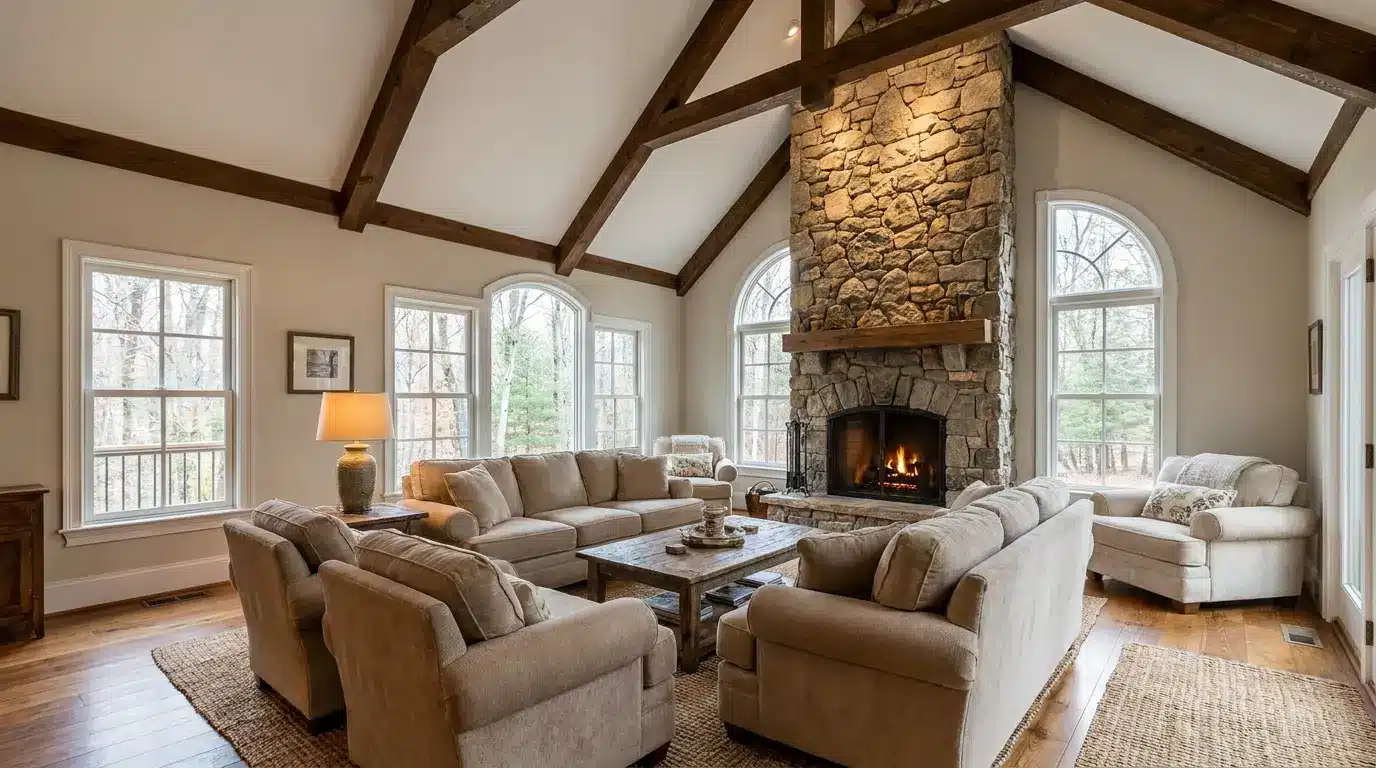 Cozy living room with dark exposed ceiling beams, arched windows, neutral seating, hardwood floors, and a floor-to-ceiling stone fireplace with a burning fire.