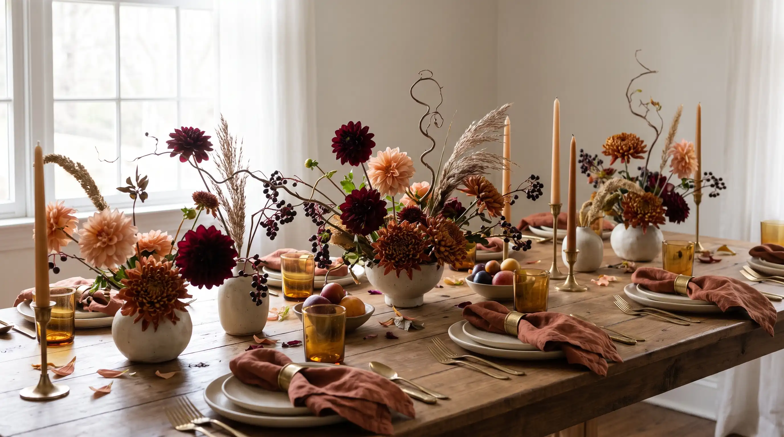 Fall table with dahlias, chrysanthemums, berries, dried grasses, rust linens, and amber glassware