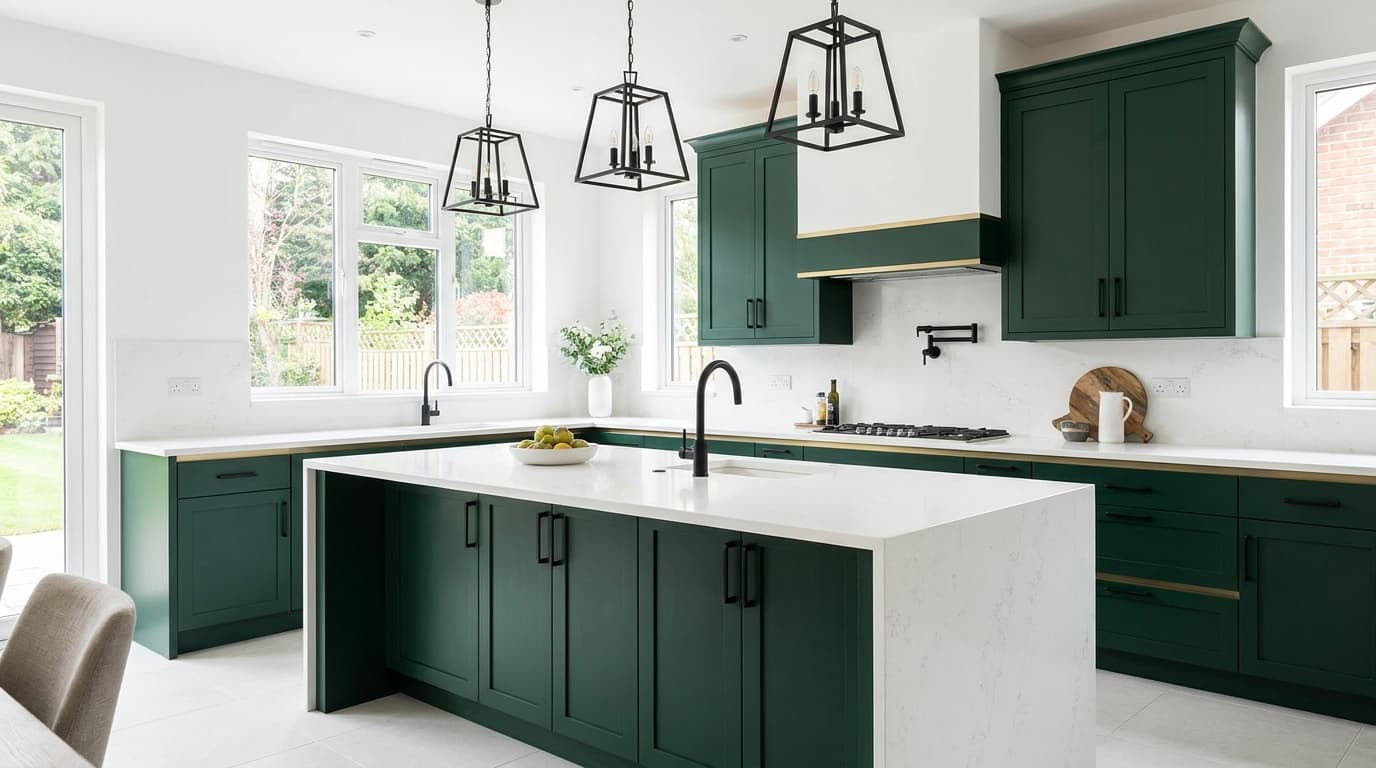 Vintage Vogue Benjamin Moore kitchen cabinets with Chantilly Lace walls and black accents.