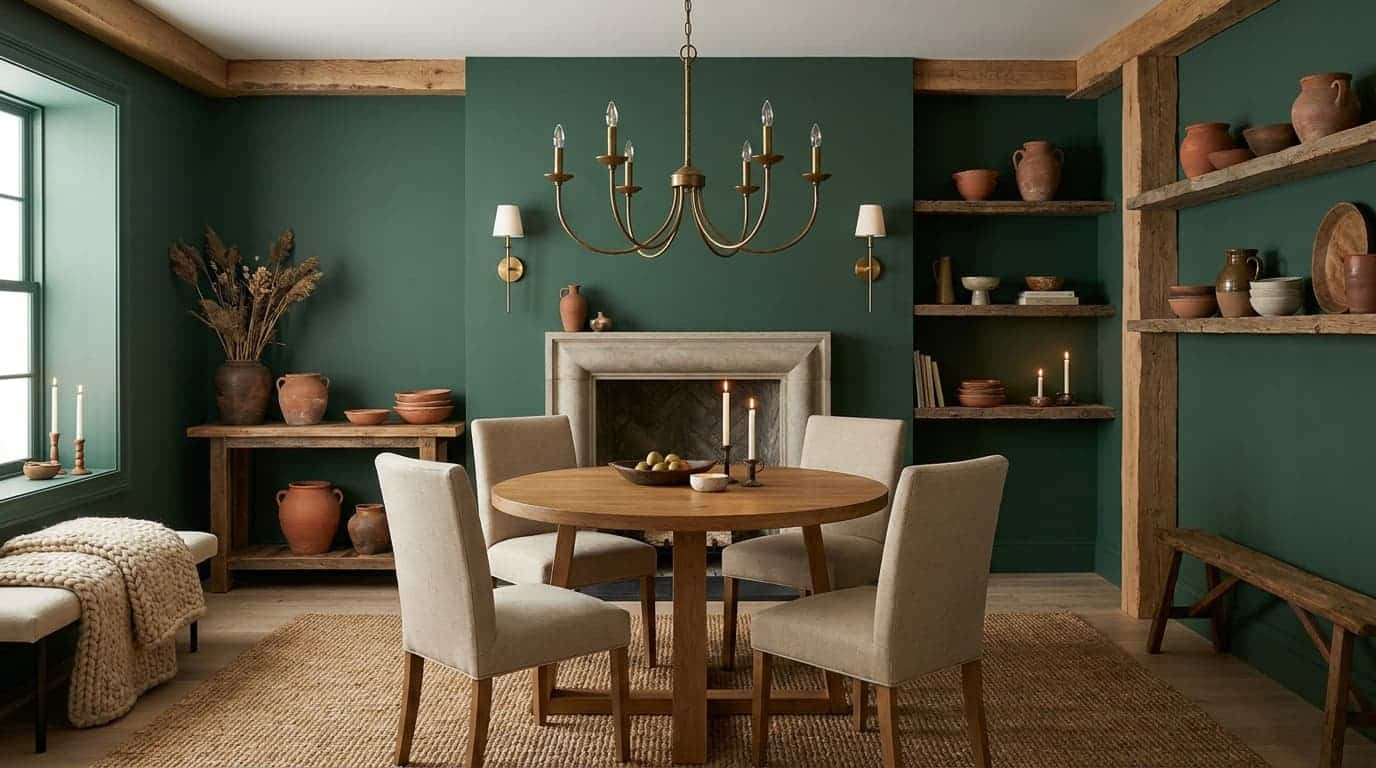 Vintage Vogue Benjamin Moore dining room with oak wood brass and warm natural accents.