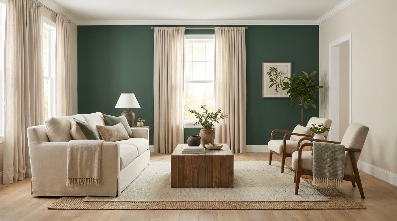 Vintage Vogue Benjamin Moore living room softened with White Dove trim and Pale Oak walls.