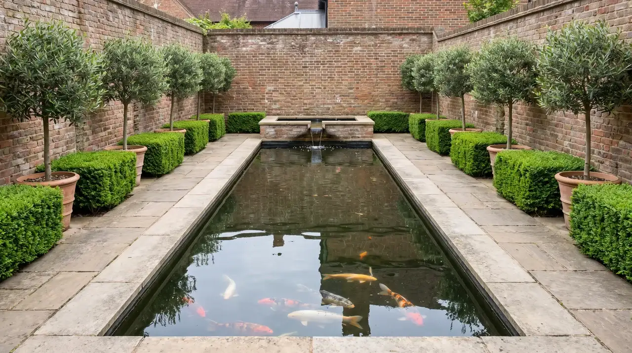 Formal courtyard koi pond with stone edging, clipped hedges, Japanese maples, a stone lantern, and a raked gravel garden.