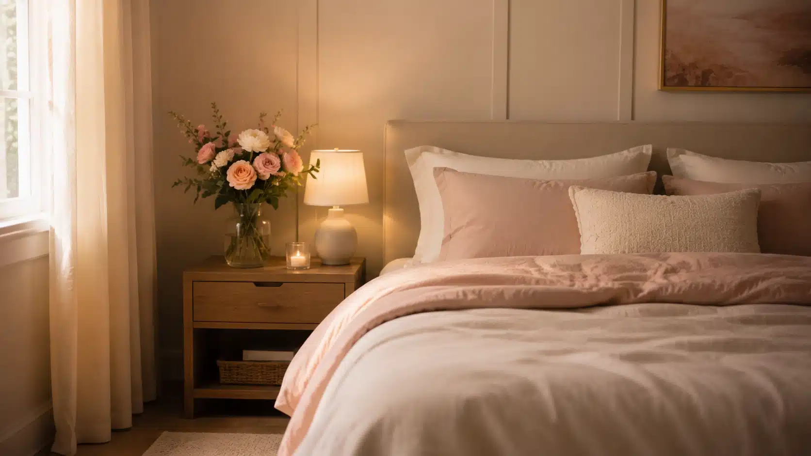 Minimal romantic bedroom with fresh flowers in a glass vase on the nightstand adding color and natural beauty.