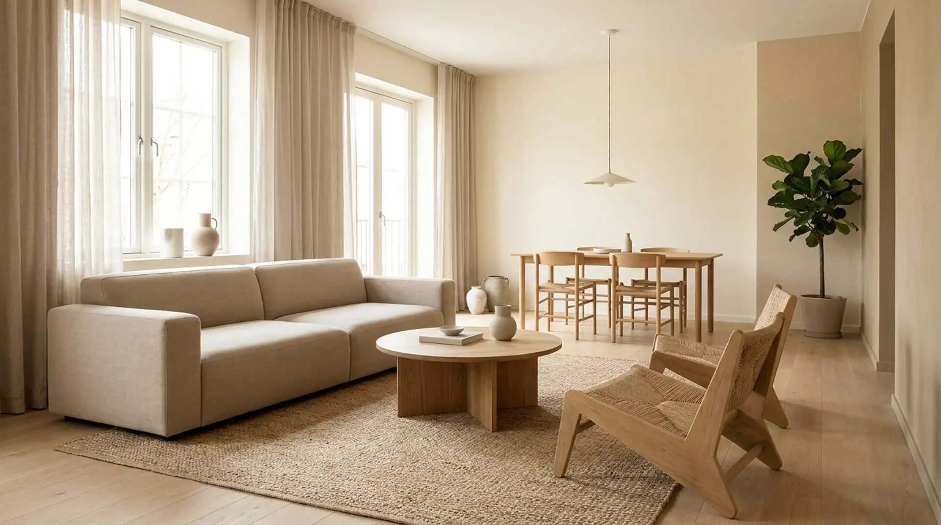 Japandi interior with low-profile furniture and simple functional shapes