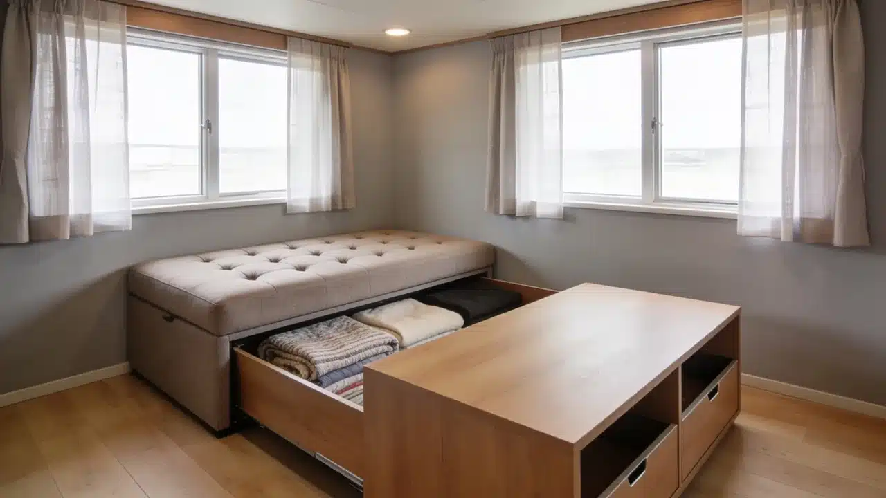 Furniture focus with a storage ottoman and a coffee table with hidden compartments