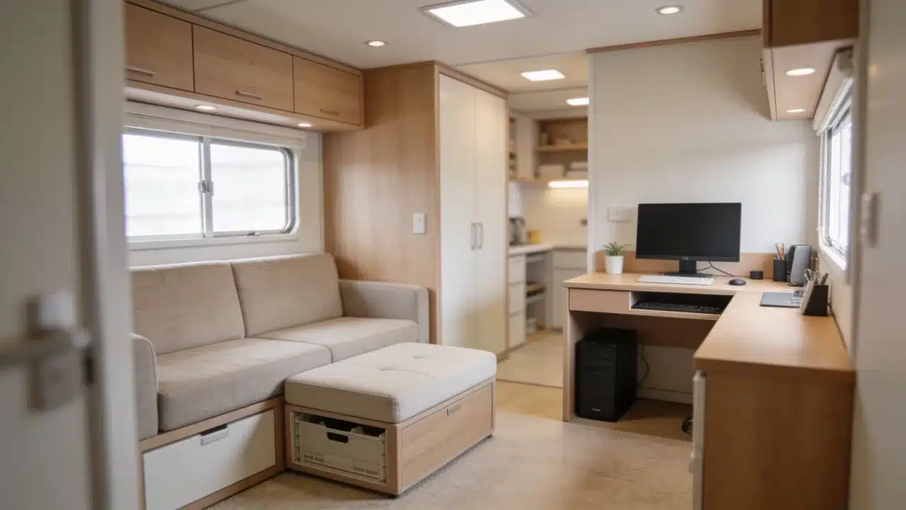 The sofa and a compact desk that can function as a workspace and console.