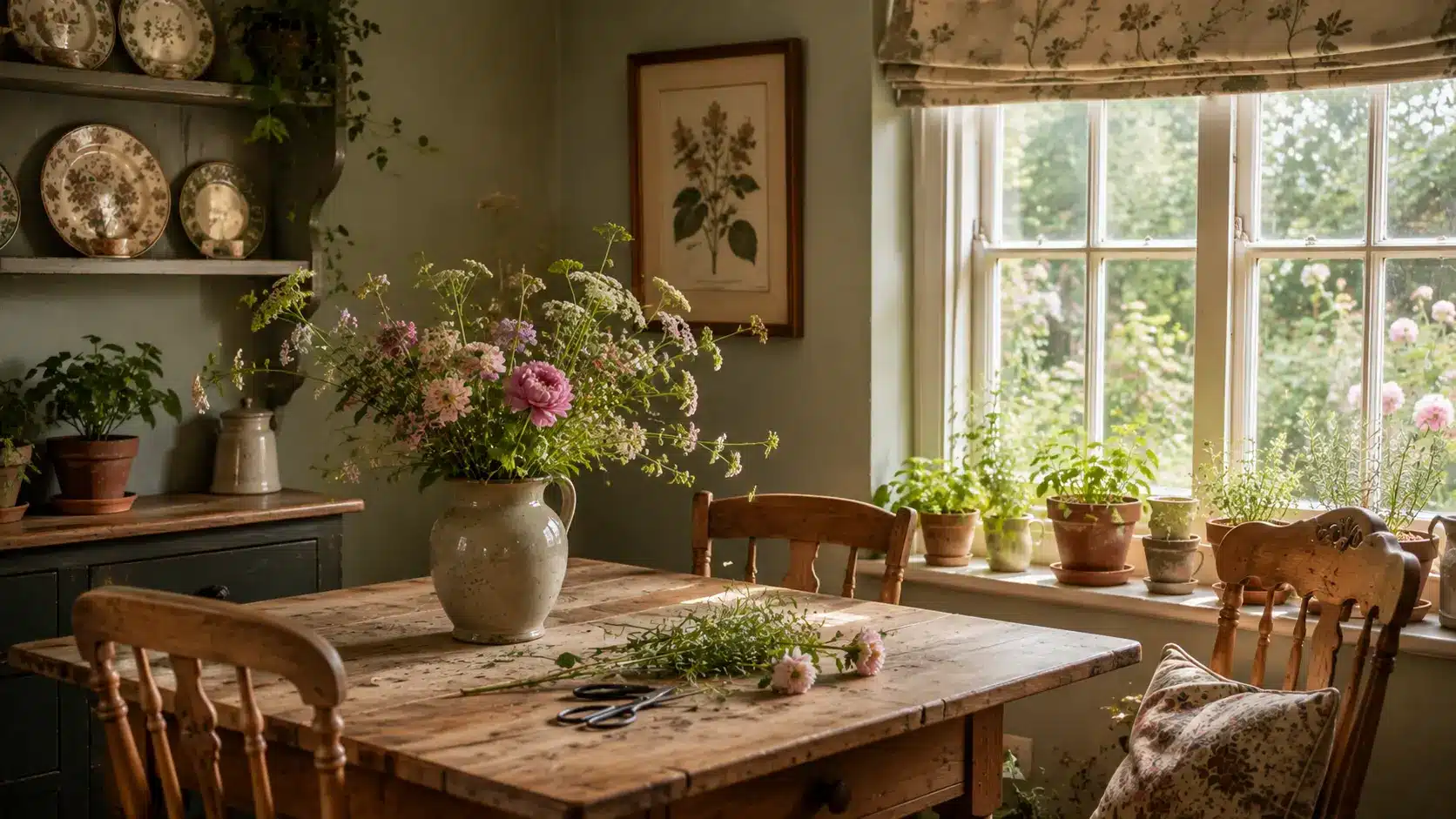 English cottage breakfast nook with green-gray walls, antique pine table, fresh flowers, potted herbs, floral shade, and garden views.