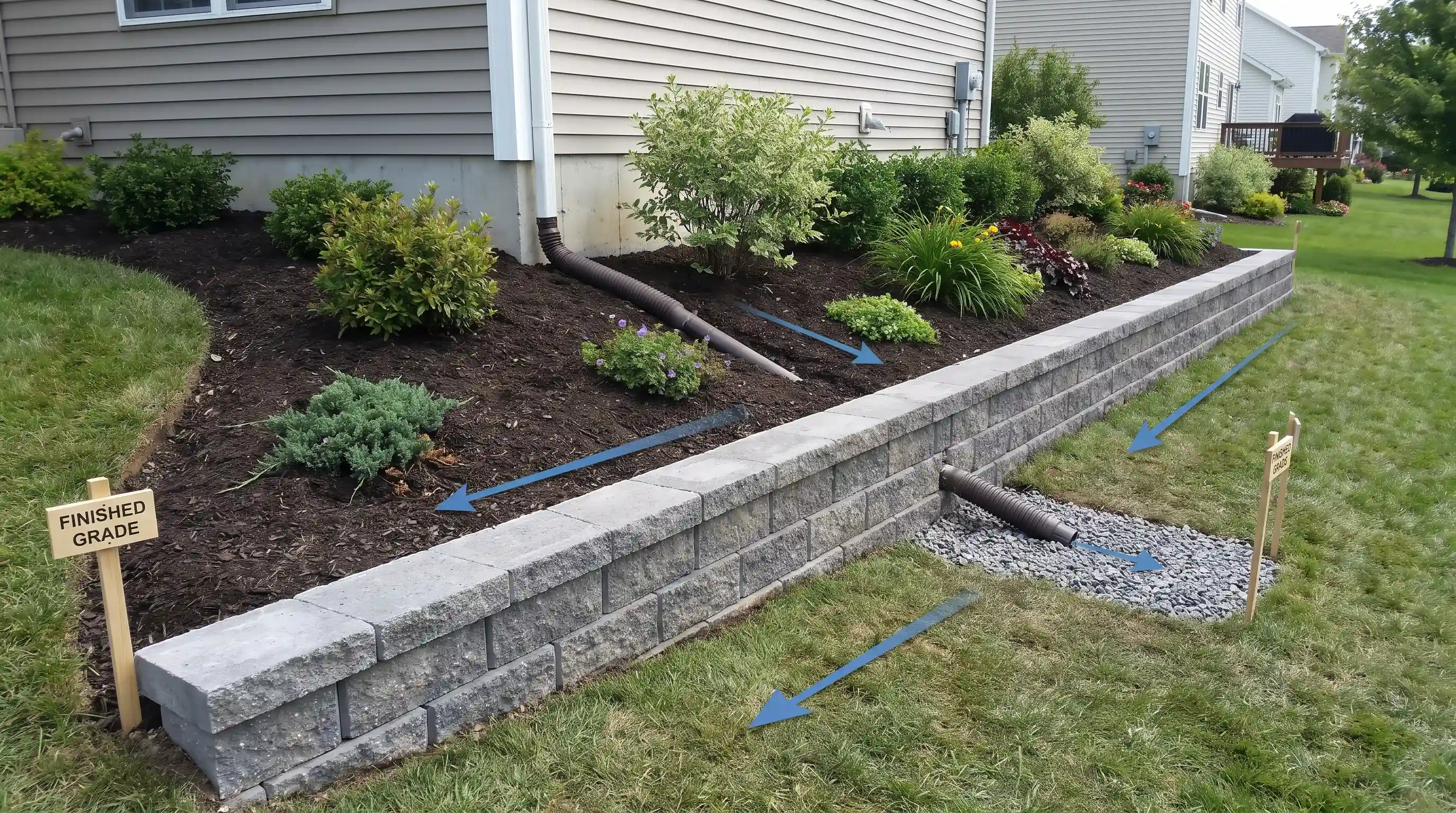 Grading soil above a retaining wall to direct water away from the structure