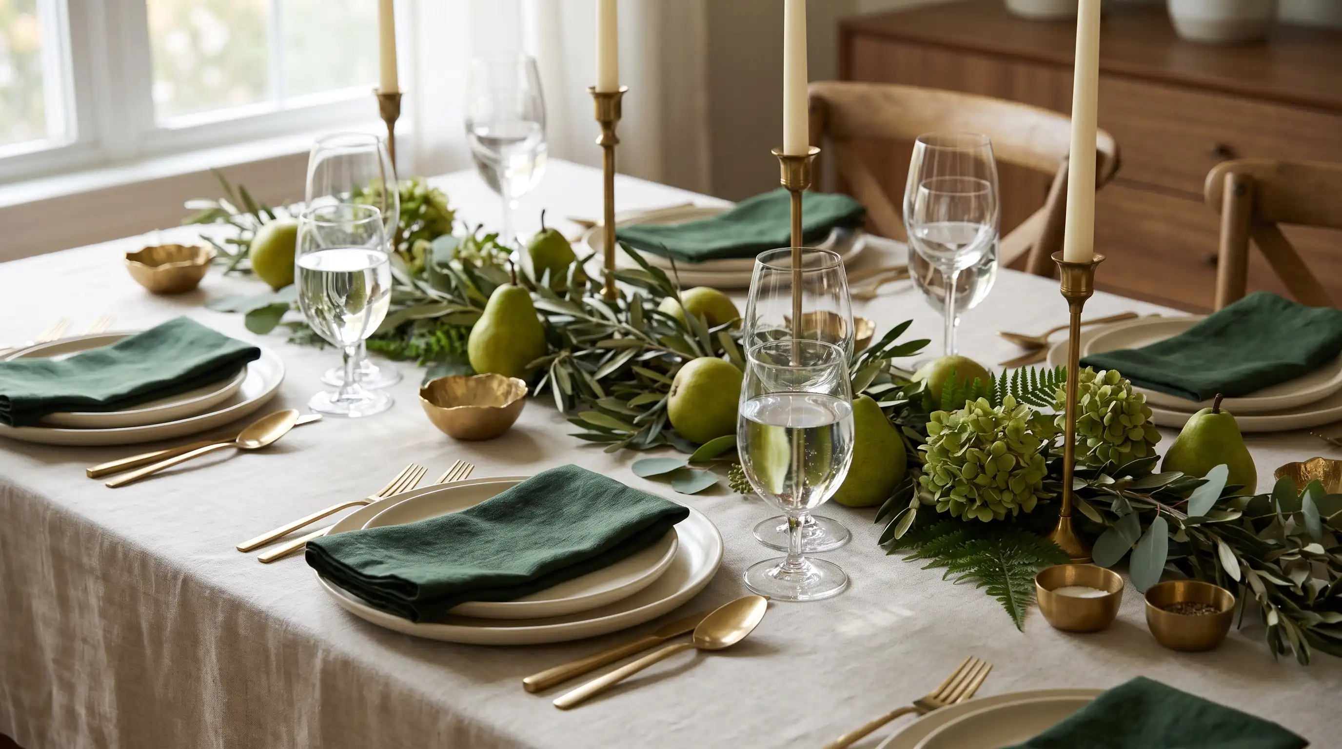 Elegant fall table with forest green linens, cream plates, brass accents, pears, and olive branches