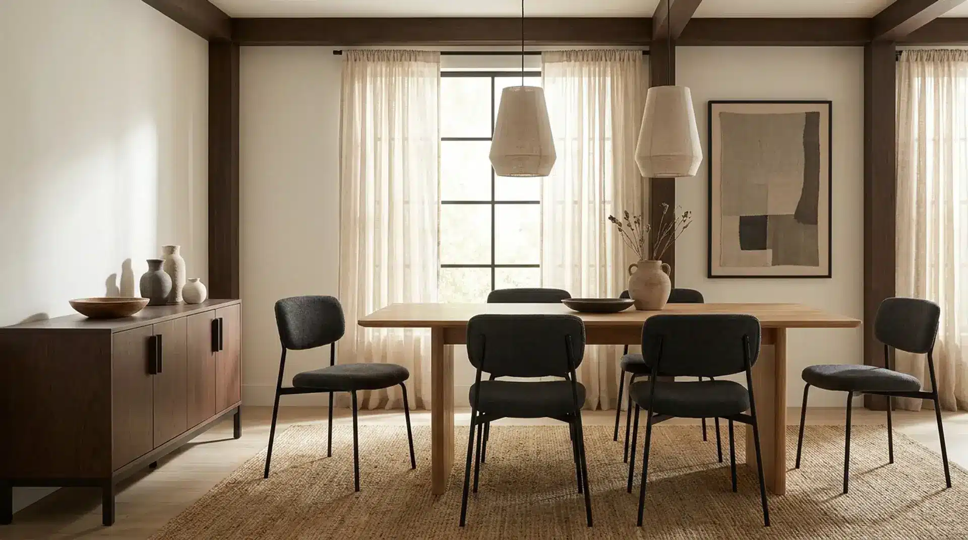 Japandi dining room with matte black accents and dark wood contrasting neutrals