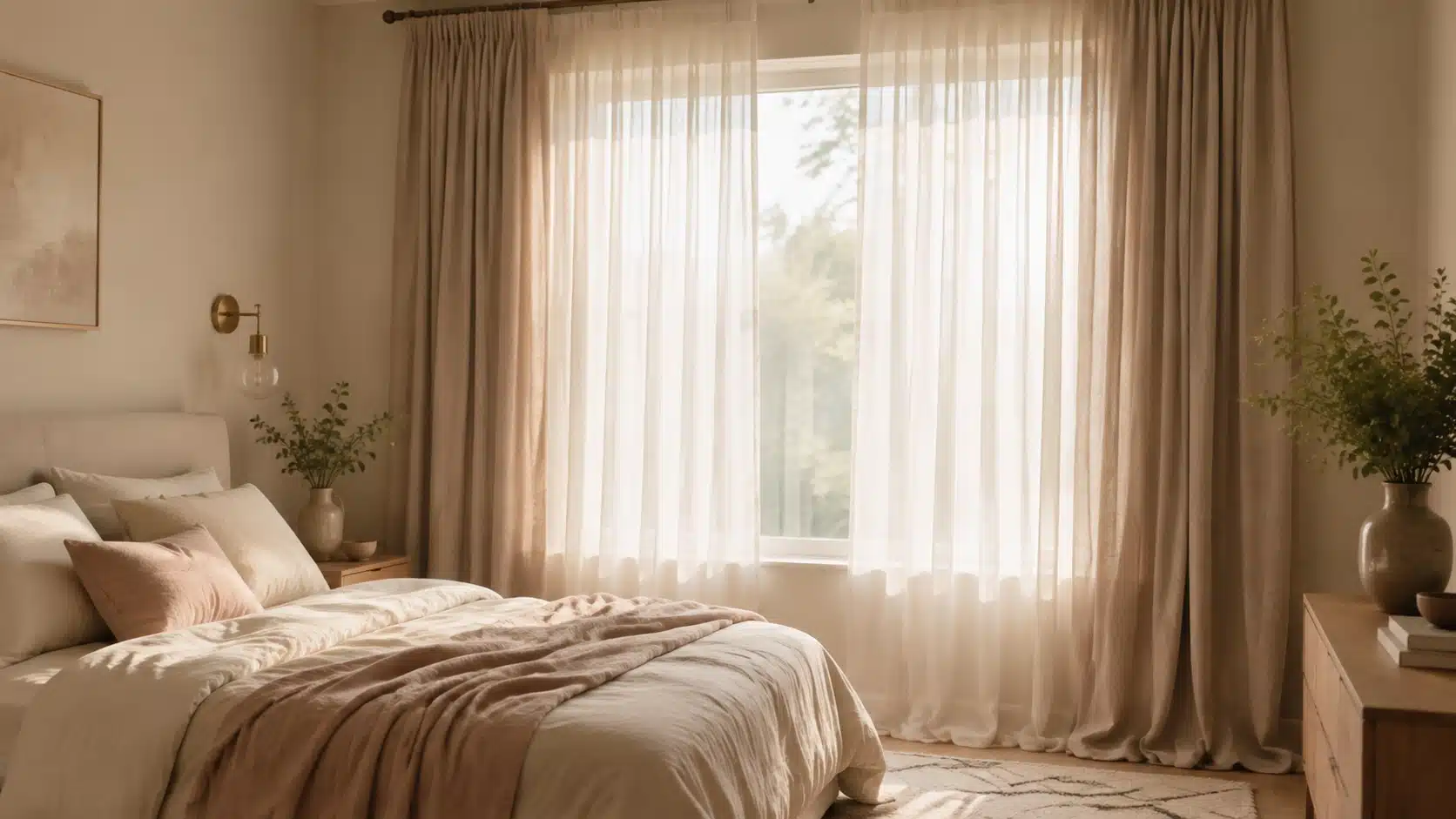 Minimal romantic bedroom with sheer curtains filtering soft daylight, creating a warm and cozy atmosphere.