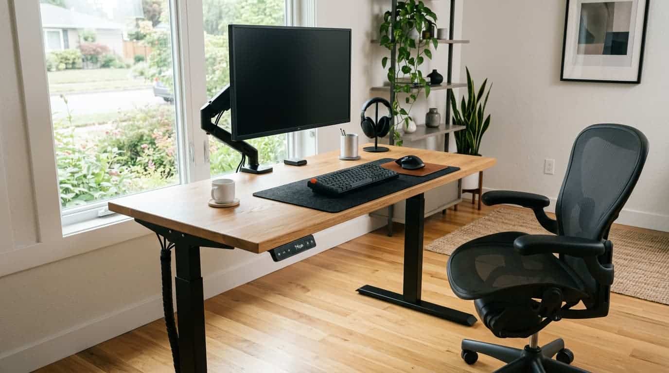 Height adjustable desk setup for a flexible ergonomic workspace