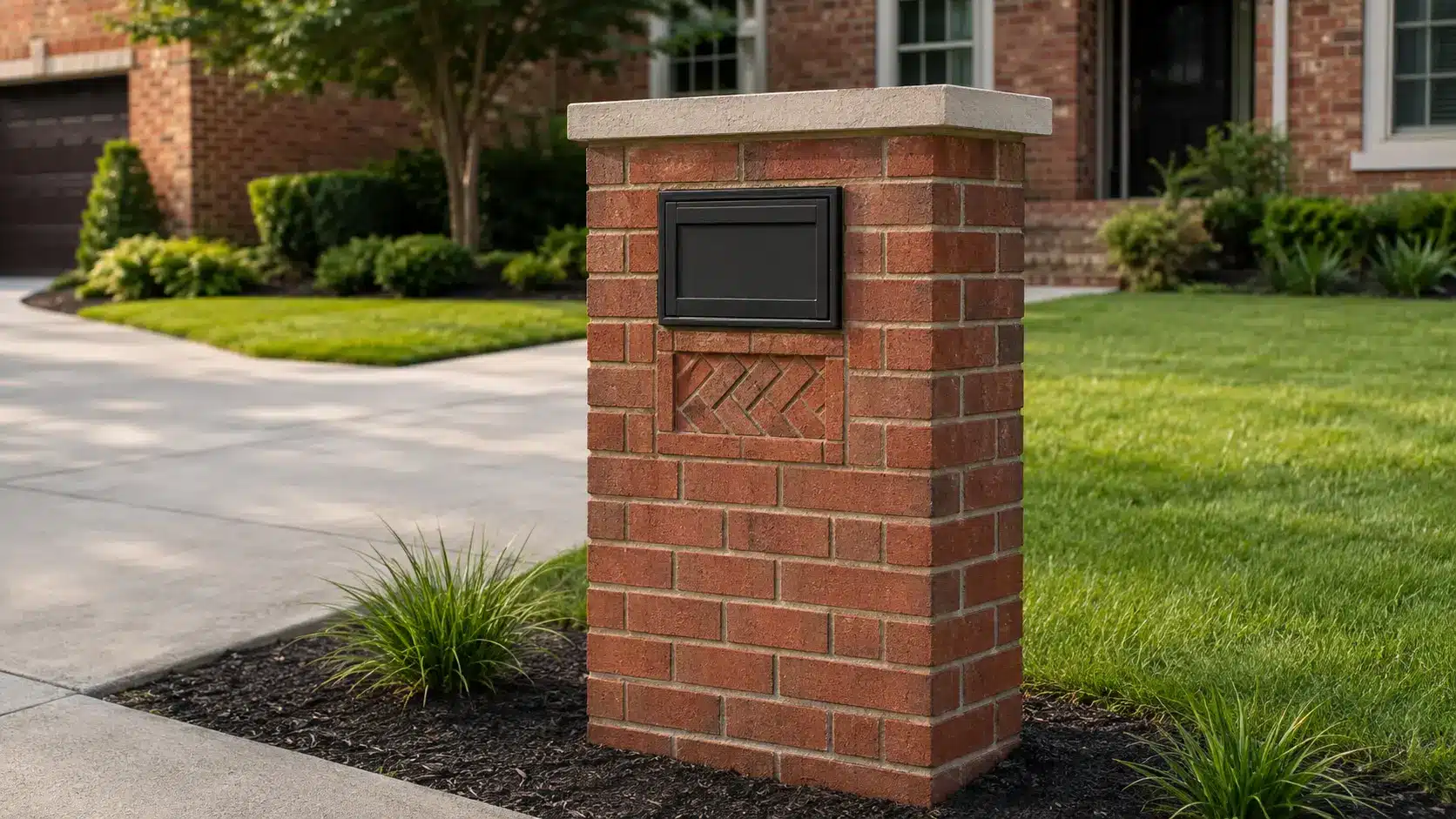 Red brick mailbox with a dark metal insert and a decorative herringbone brick panel beneath it, set in a landscaped suburban yard in natural daylight.
