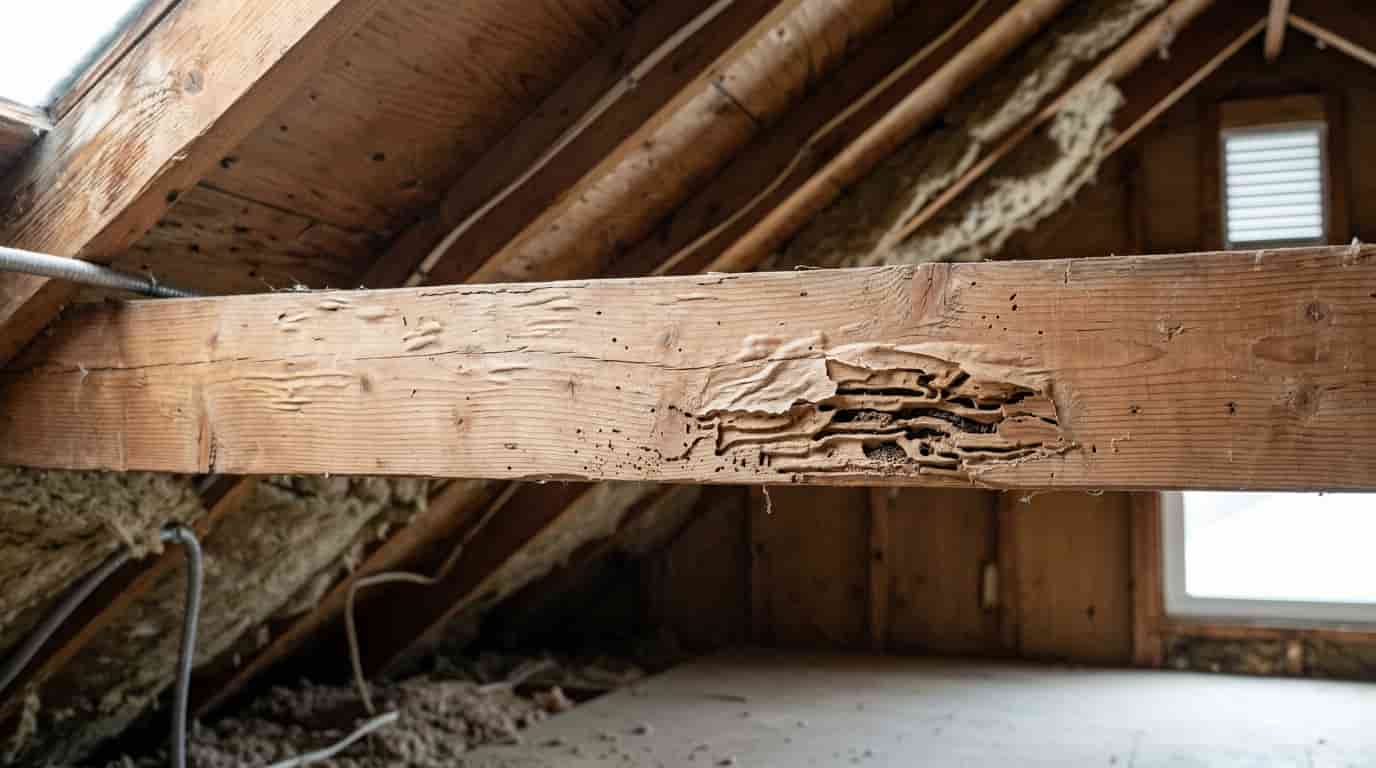 Termite damage in ceiling wood showing thin, cracked, and weakened beam surface
