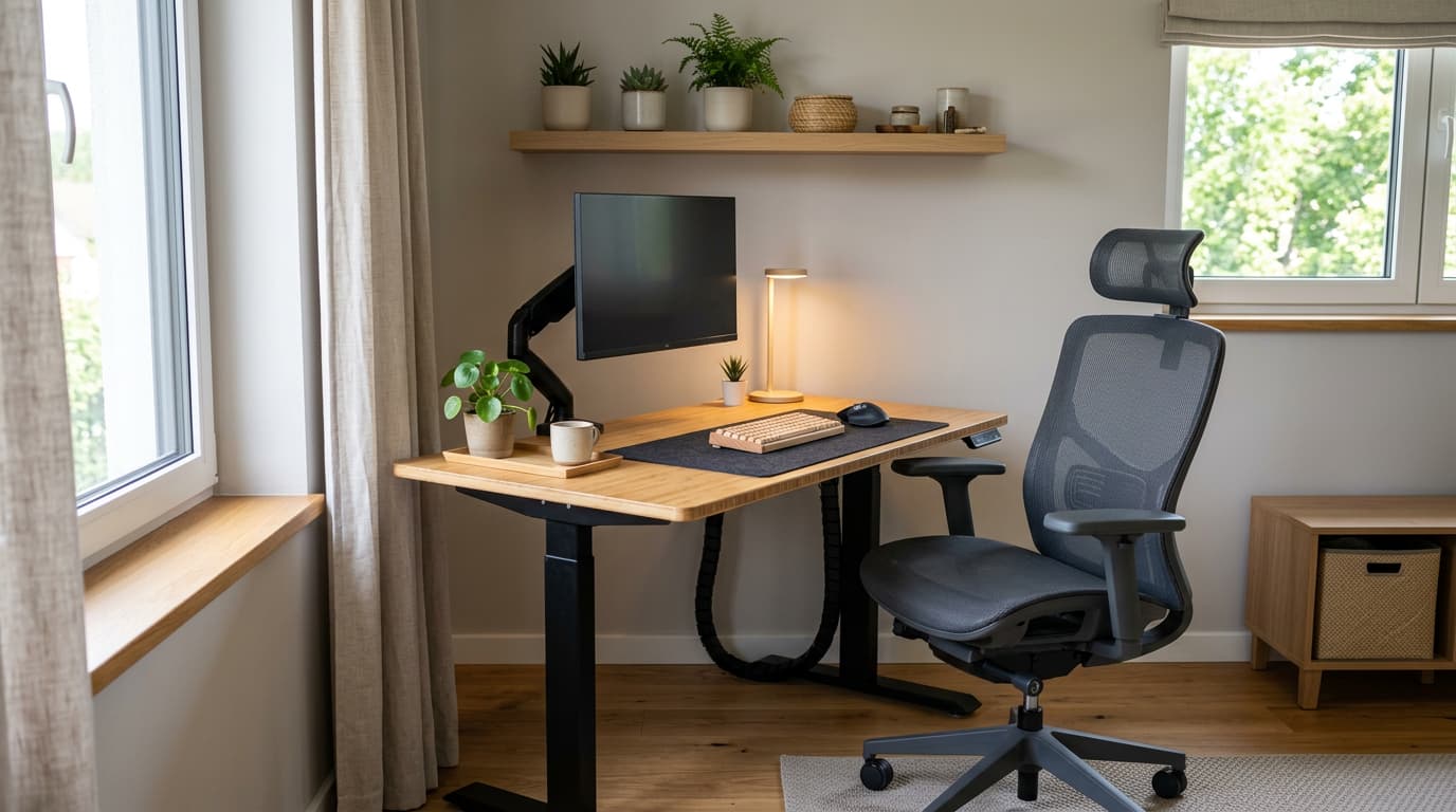 Compact home office with ergonomic desk and supportive chair setup