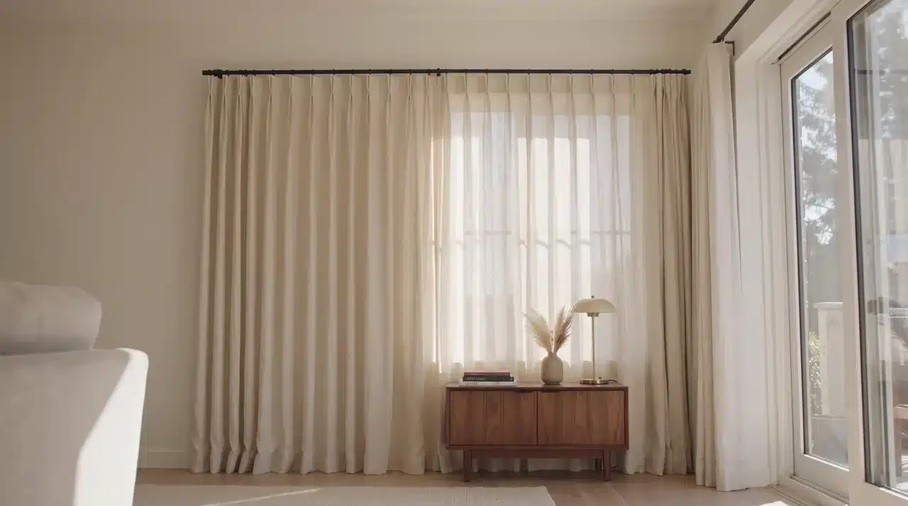 Floor-length curtains covering a large window in a bright minimalist room with soft natural light and a wooden console table.