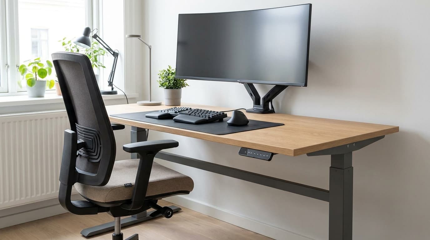 Ergonomic office setup with adjustable chair and desk supporting proper posture