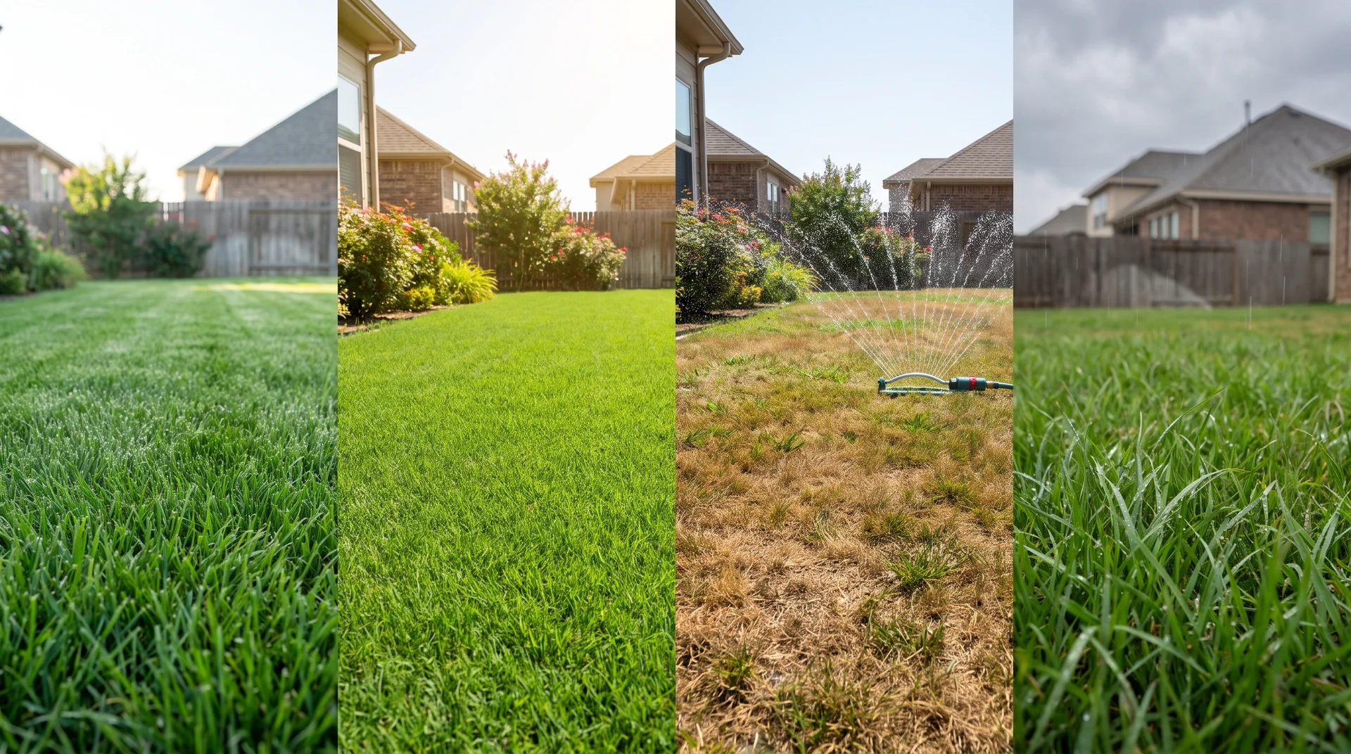 Four-panel lawn comparison showing seasonal grass conditions and sprinkler use, illustrating how long should you water your lawn.