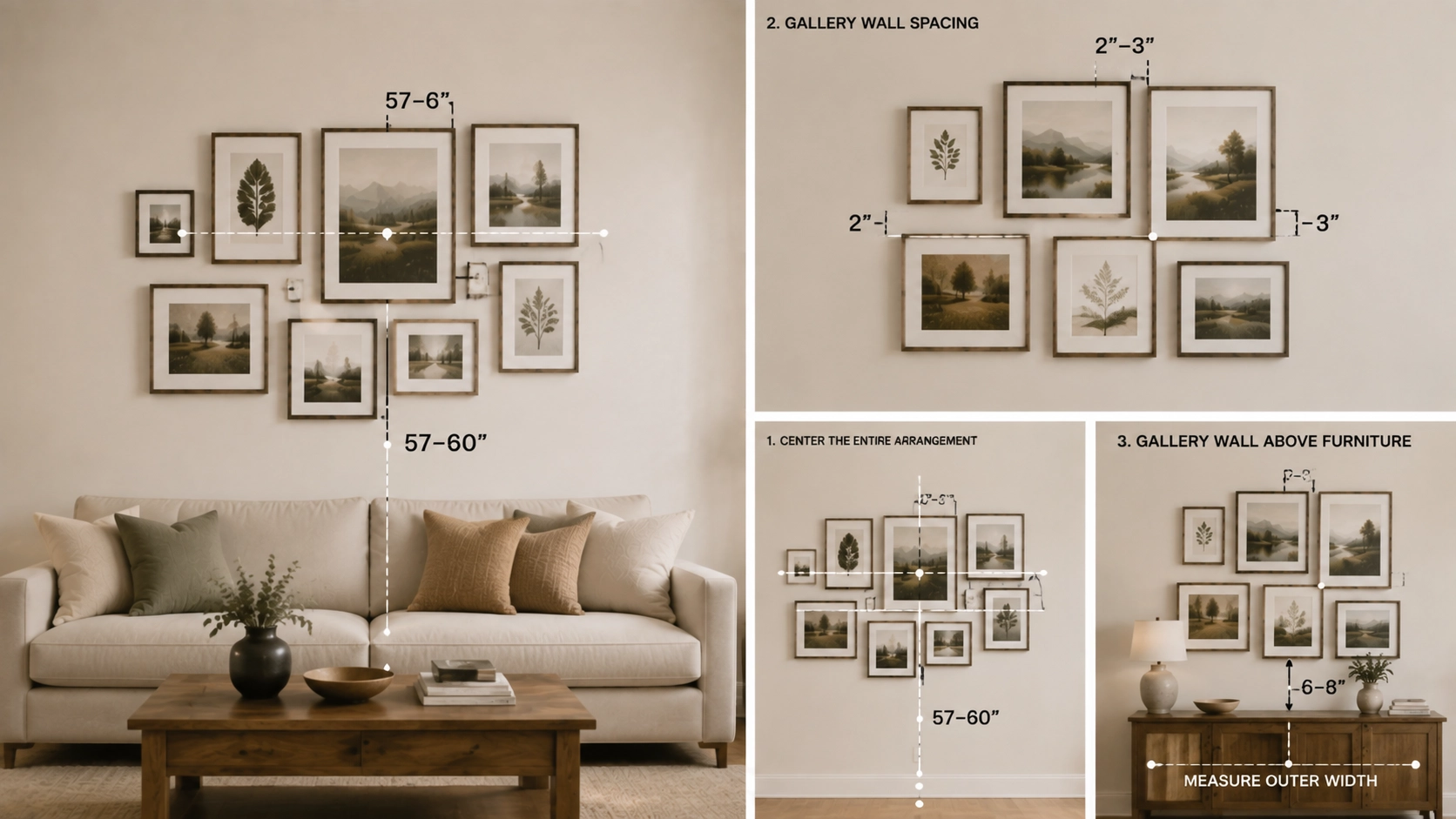 Gallery wall hanging guide showing center height, frame spacing, and furniture clearance measurements.
