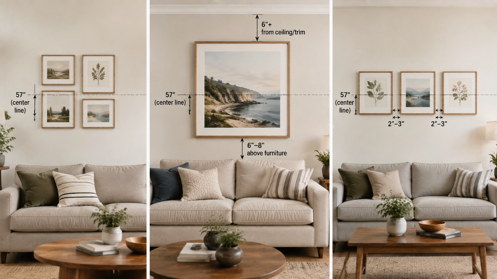 Three-panel artwork hanging guide showing small picture groups, large statement art, and multiple frames aligned at the correct height.