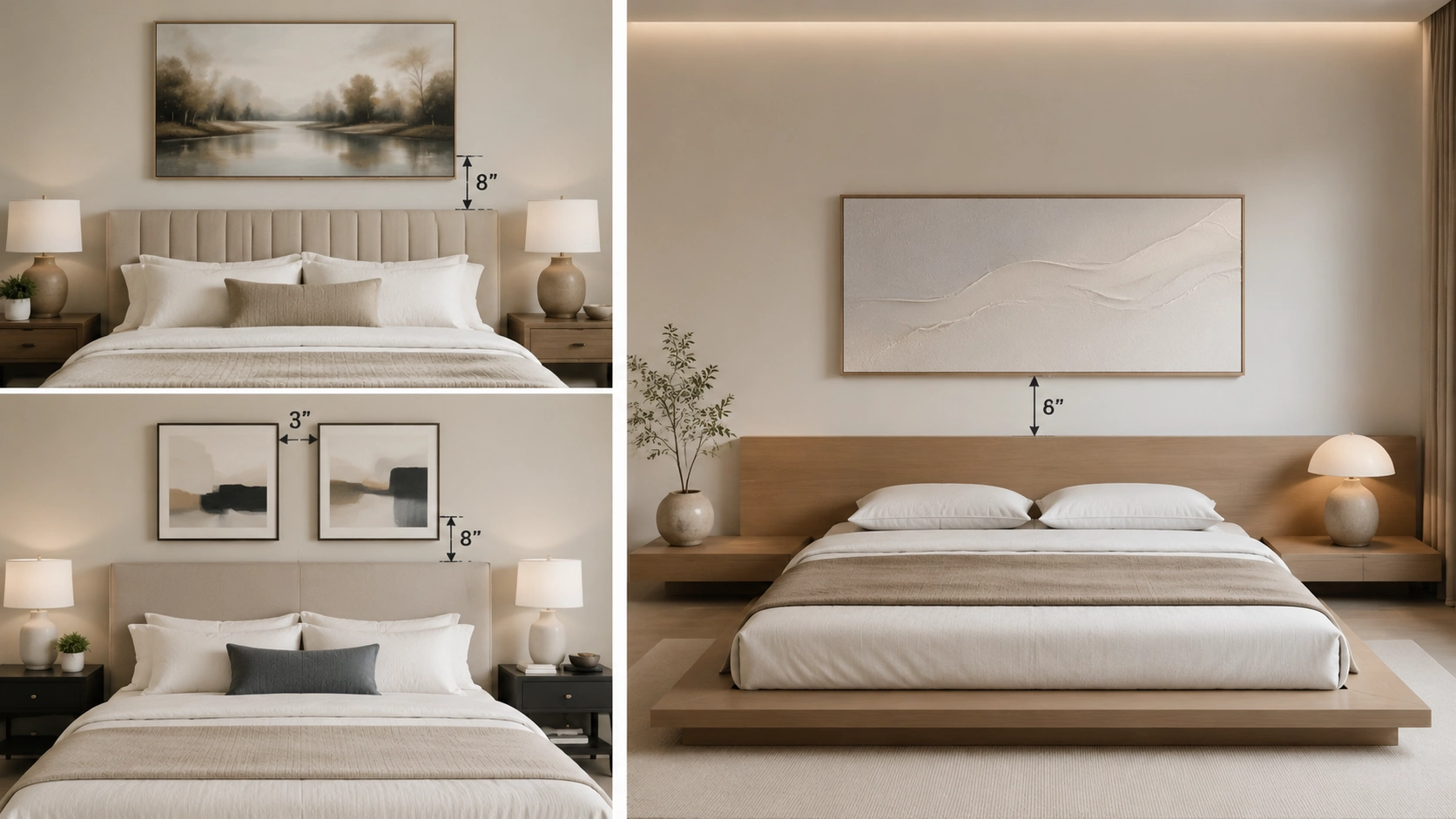 Picture hanging height chart showing artwork placement above sofa, bed, console, and staircase measurements.