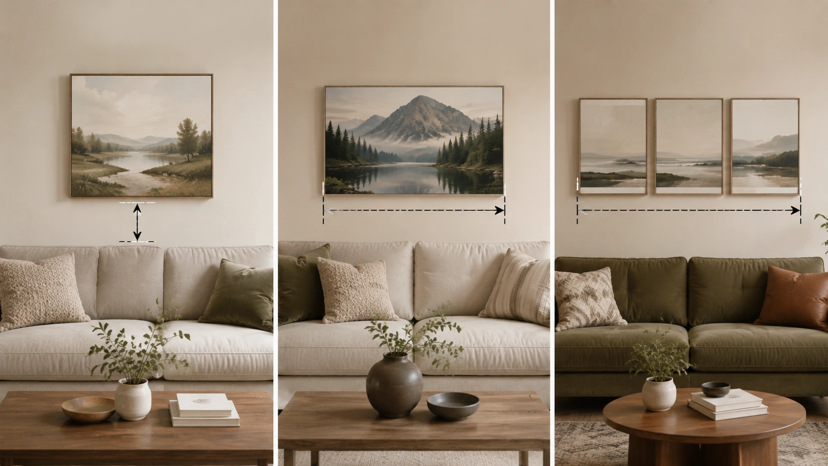Three-panel living room graphic showing picture height above a sofa, artwork width balance, and proper spacing from furniture.
