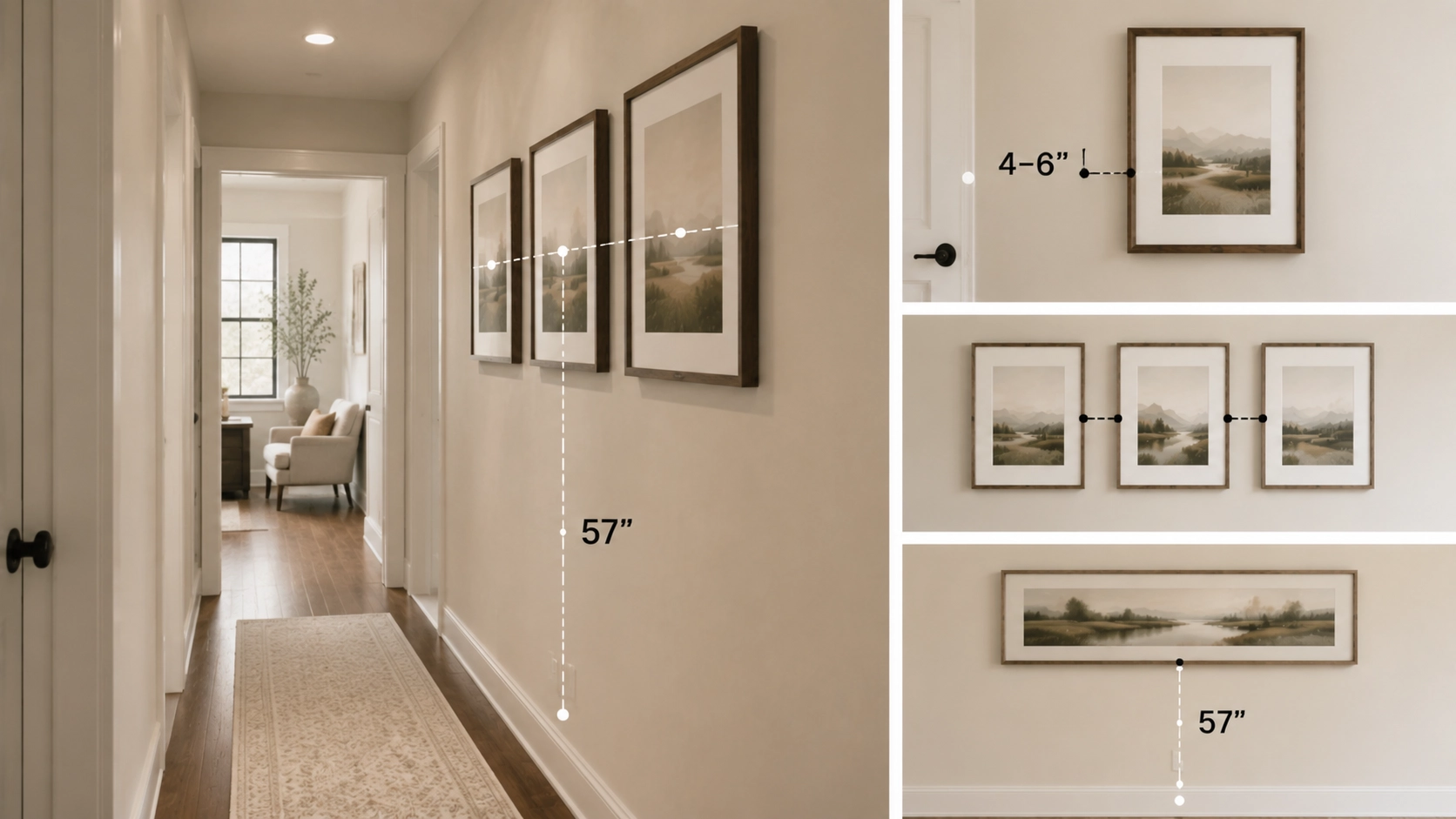 Hallway picture hanging guide showing 57-inch center height, frame spacing, and door clearance measurements.