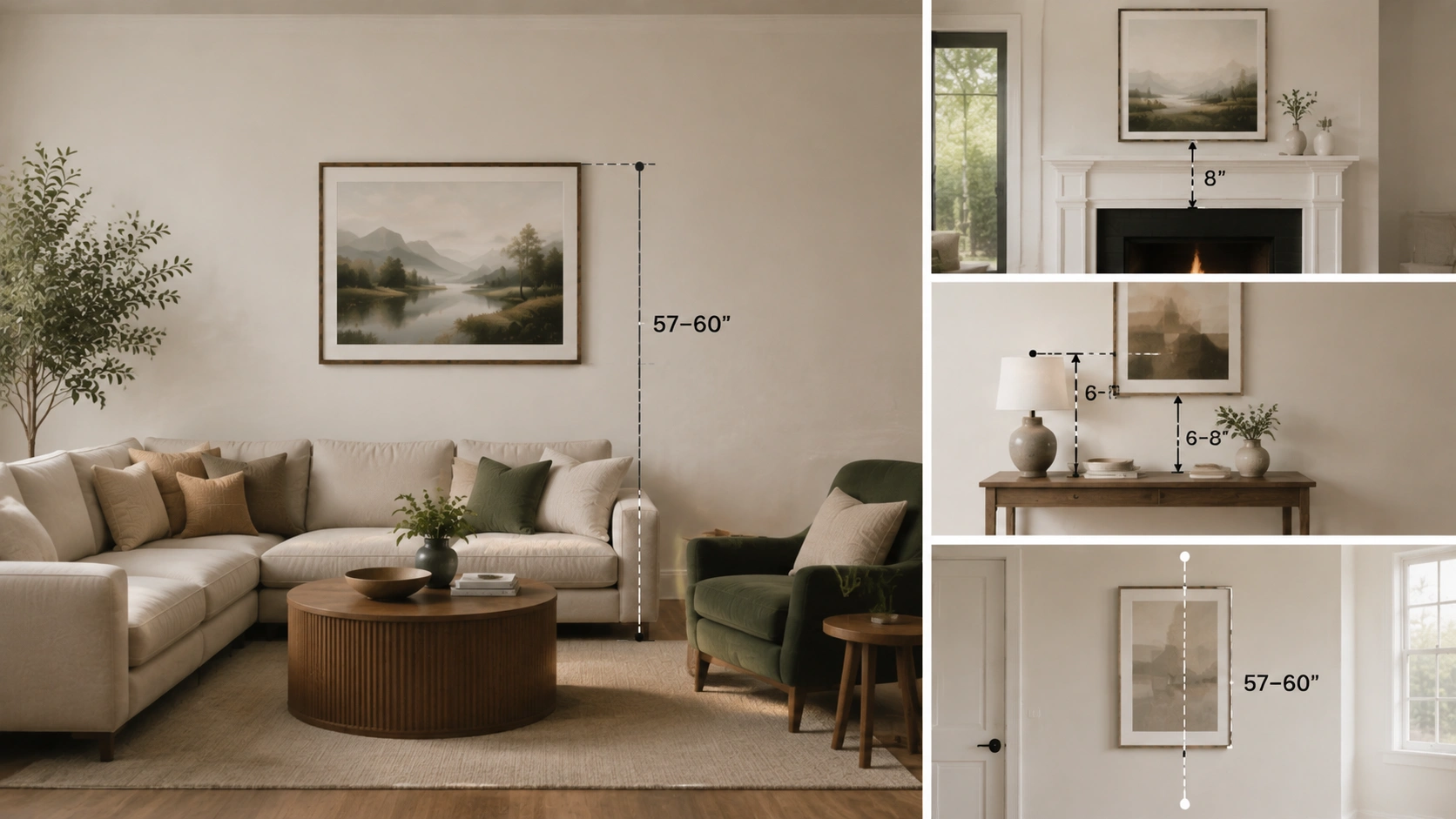 Living room picture hanging height guide showing fireplace mantel, console table, and empty wall measurements.