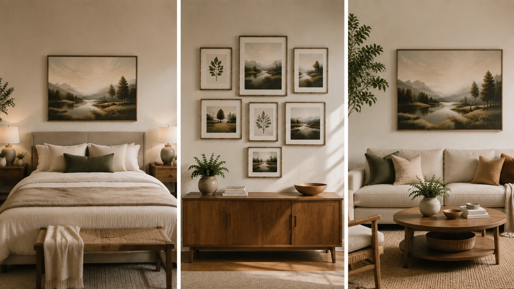 Bedroom, gallery wall, and living room interiors showing balanced picture hanging placement ideas.