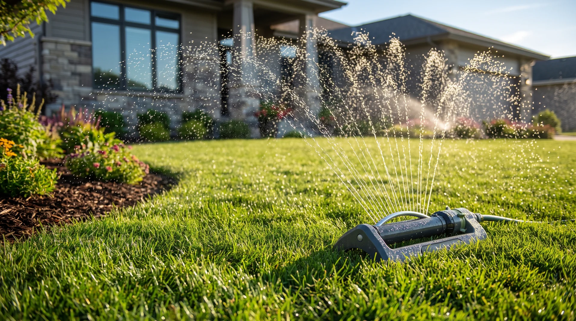 Oscillating sprinkler watering a healthy backyard lawn in morning light, showing how long should you water your lawn.