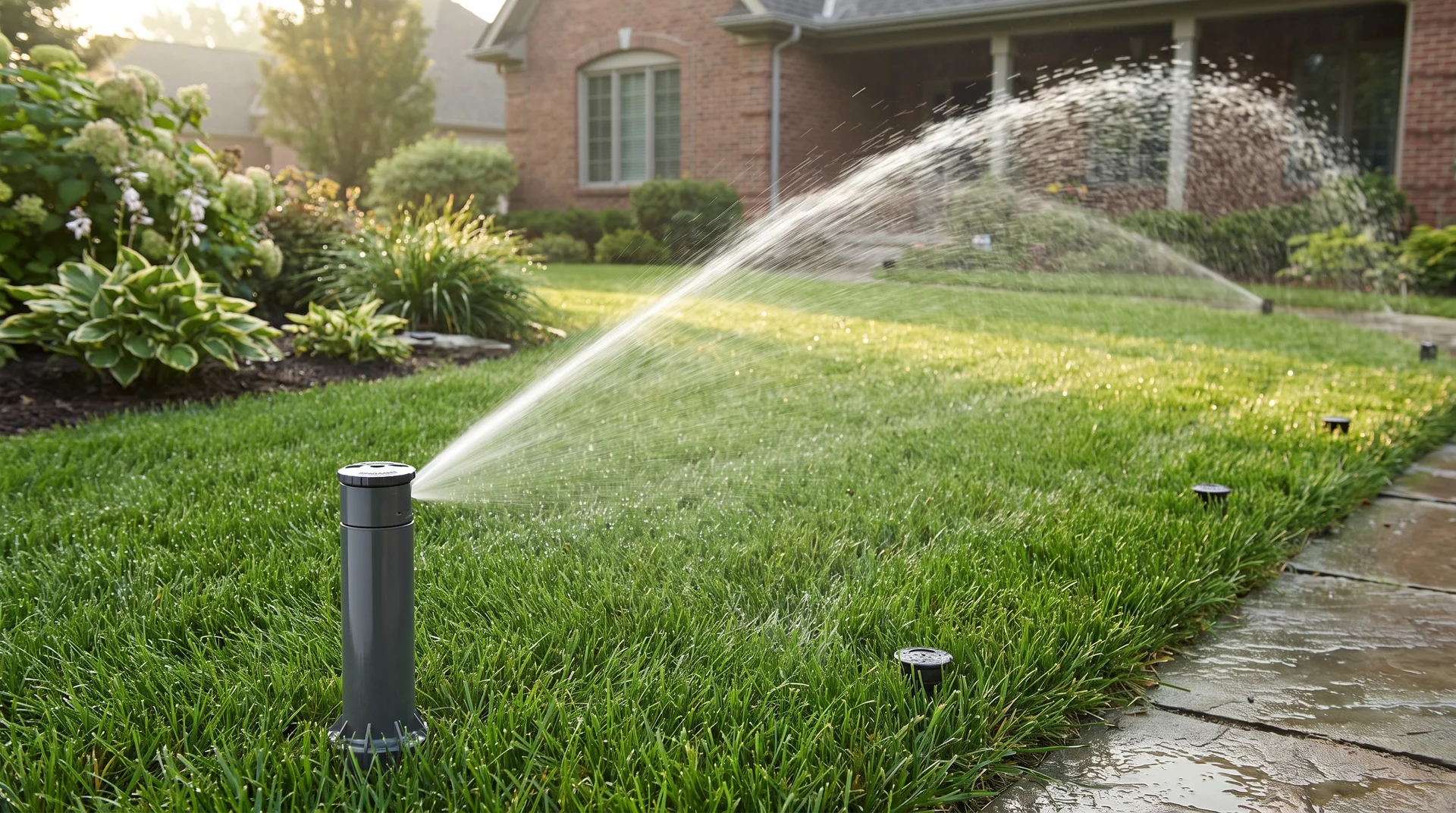 In-ground sprinkler system watering a green residential lawn, demonstrating how long should you water your lawn evenly.