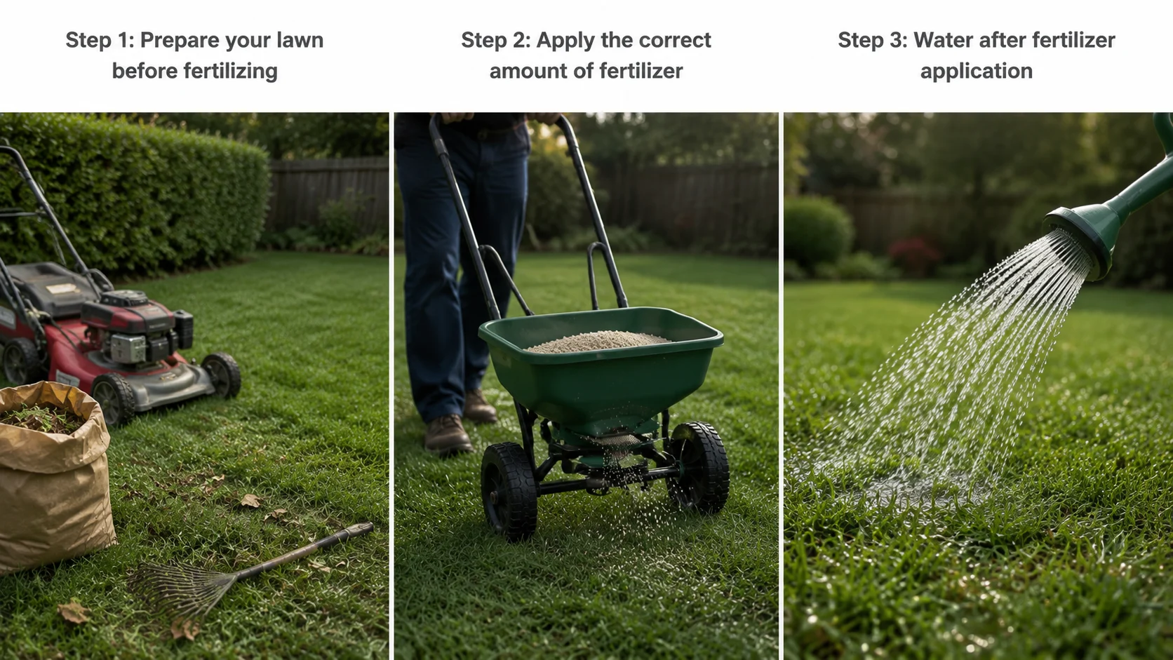 Three lawn fertilizer application steps showing lawn preparation, fertilizer spreading, and watering after application