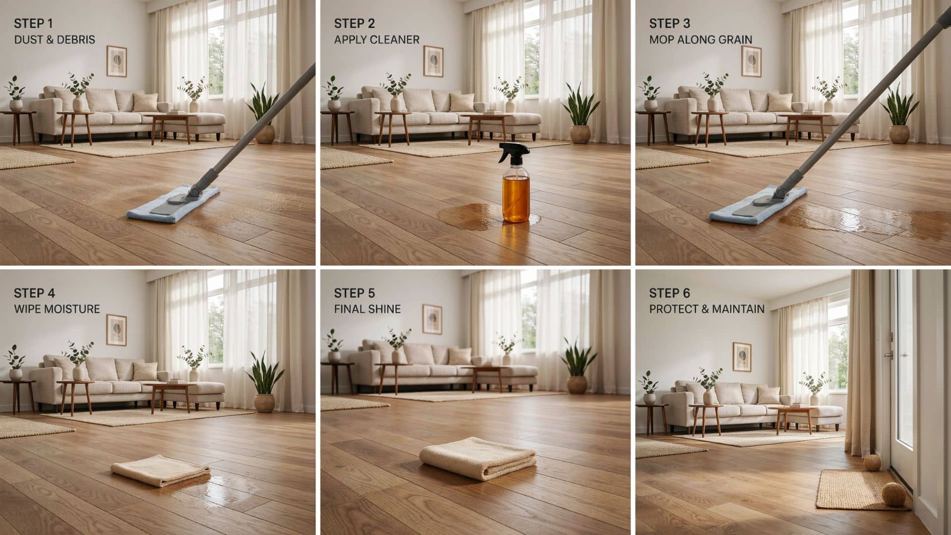 Step-by-step hardwood floor cleaning process using mop, cleaner, and maintenance tips