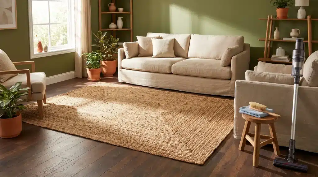 Natural jute rug with woven fibers in a cozy living room showing gentle rug care setup.