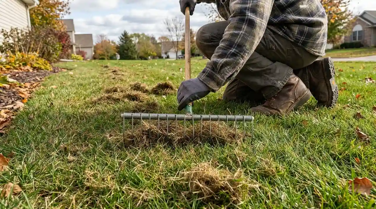 Hand dethatching lawn grass with a rake to remove thatch buildup
