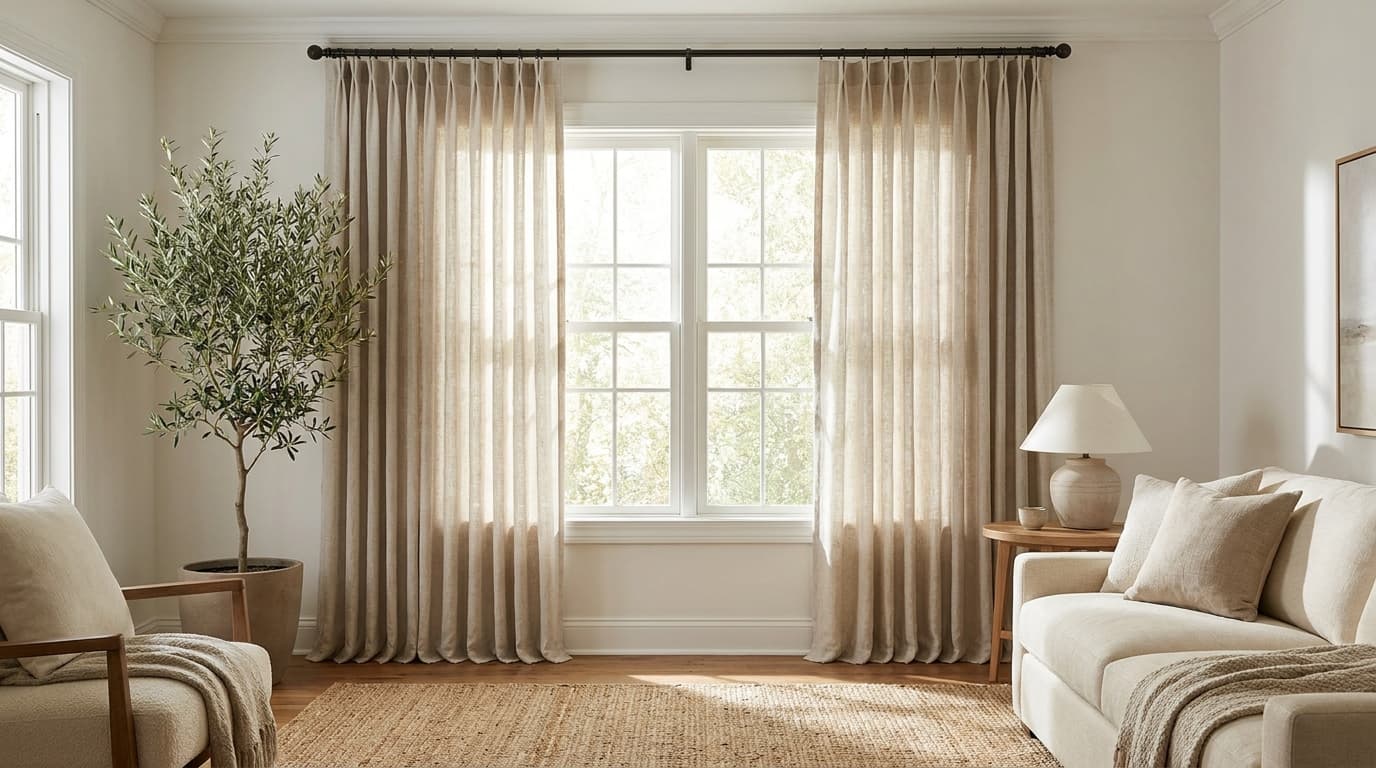 Properly hung linen curtains covering a large living room window with a mounted curtain rod.