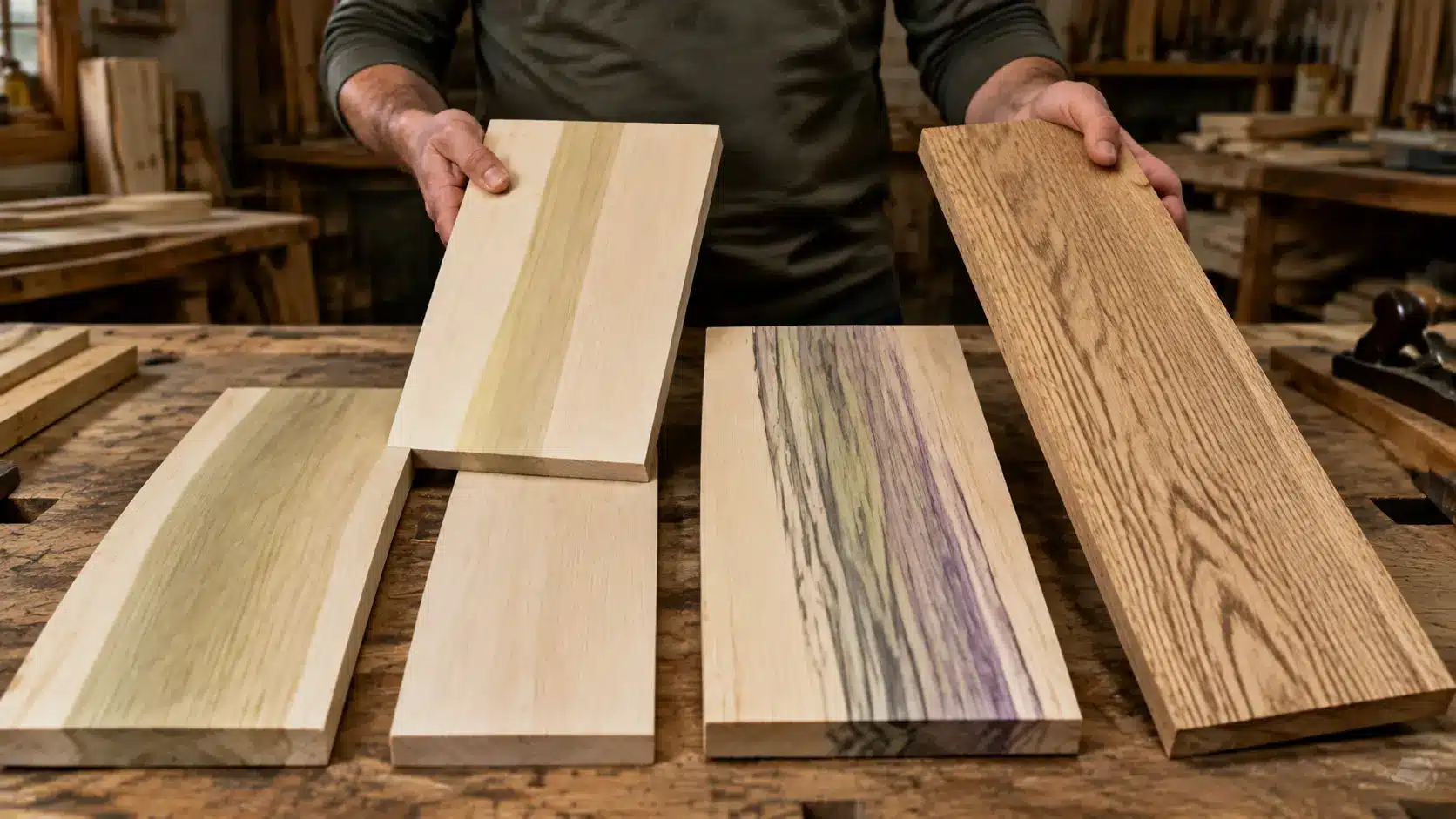 Person holding different poplar wood boards showing varied grain patterns and natural wood textures in a workshop.
