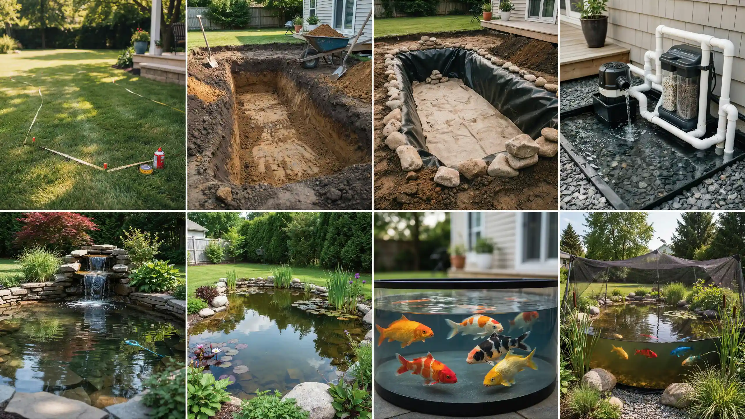 Stages of building a backyard koi pond, from marking and digging to lining, filtering, landscaping, and adding koi fish.