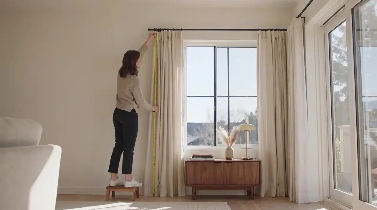 Woman measuring curtain length beside a window with a tape measure in a bright modern room.