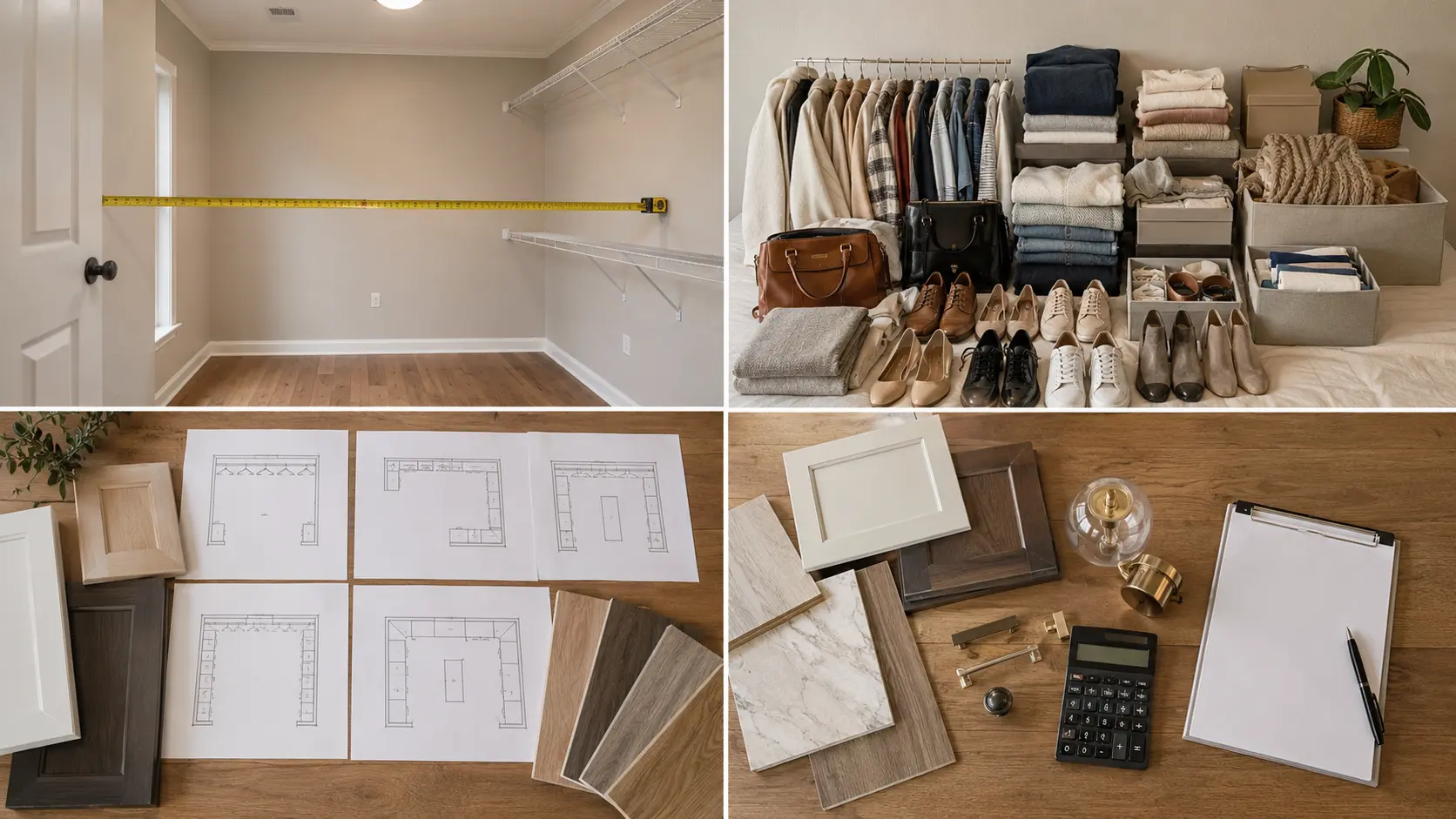 four-panel collage showing master closet measuring storage review layout planning and remodeling budget materials