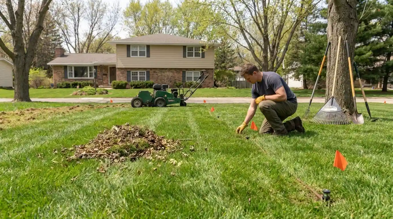 Preparing a lawn for dethatching with tools and equipment