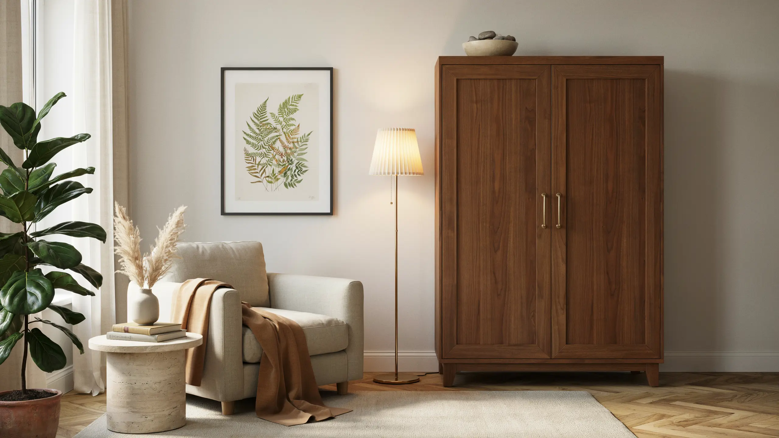 Styled wooden armoire used as a statement piece in an elegant home interior.